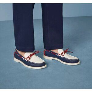 Gucci Men's Riverside Moccasin Calfskin GG Boat Shoes Blue/Off White 745968 UK7